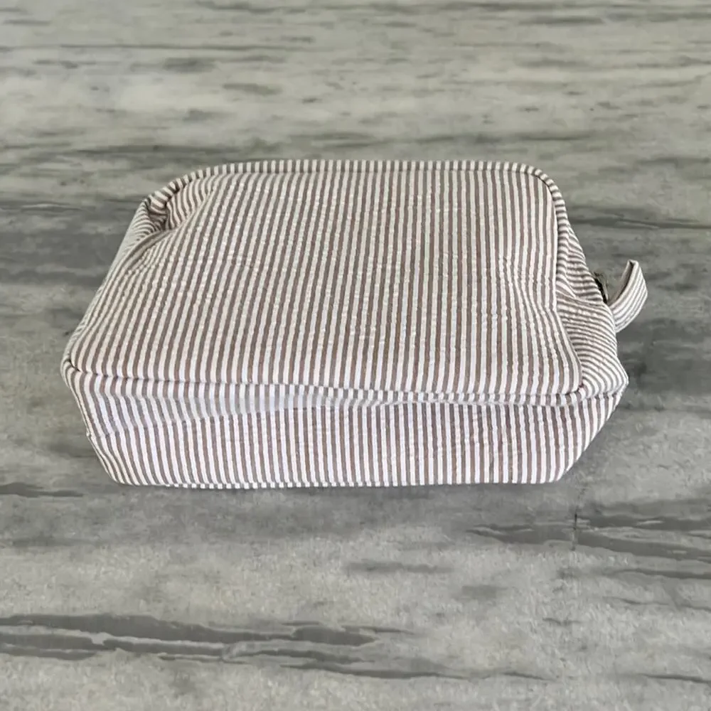 Tan & White Striped Seersucker Travel Cosmetic Bag Zipper Closure